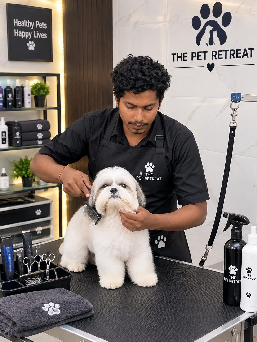 Master groomer Mantosh styling a Shih Tzu in The Pet Retreat salon